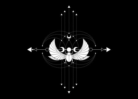 Winged beetle and Sacred geometry. Mystical scarab and triple moon, magical sign of god and goddess, white vector symbols isolated on black background. Tattoo, print, poster, t-shirt, textile designのイラスト素材