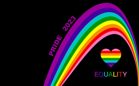 Gay Pride 2023 Wave Rainbow Flag LGBTQIA template. Equality, Inclusivity. Pride Banner with LGBT Flag sign. Pride Month. Colorful design element frame border vector isolated on black backgroundのイラスト素材