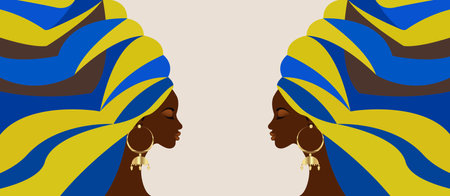 beautiful banner of African women in traditional turban, African head wrap, Traditional black woman vector silhouette fashion hairstyle and beauty concept backgroundのイラスト素材