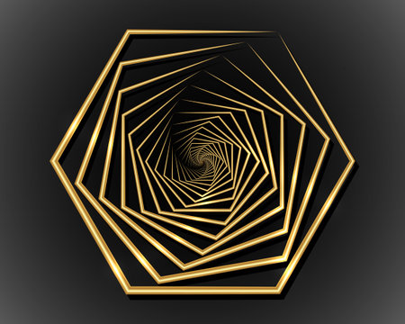 Gold Hexagon spiral, golden line drawing, luxury logo design, vector illustration isolated on black backgroundのイラスト素材