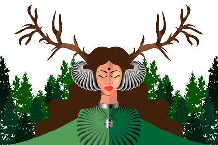 Celtic Woodland Goddess. Portrait of the beautiful woman in a horned headdress. Pagan goddess with closed eyes, mythical character. Nordic priestess Witch, sorceress, spirituality, occultism symbolのイラスト素材