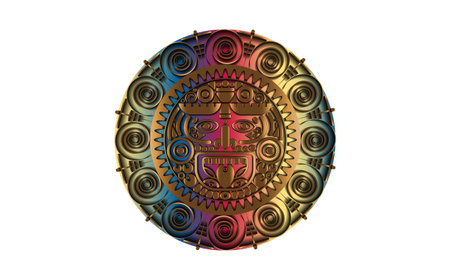 Sacred Mayan sun god, Aztec wheel calendar, Maya symbols ethnic mask in gold color. Golden and colorful round frame border old logo icon vector illustration isolated on white backgroundのイラスト素材