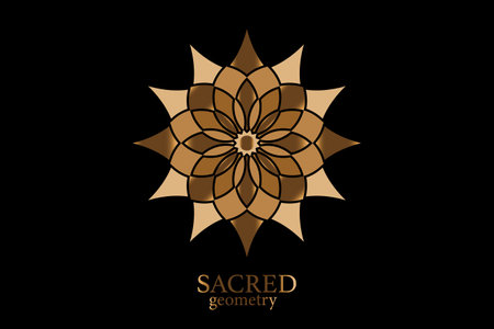 Gold Flower of life mandala of sacred ancient geometry. Vector symbols and elements. Alchemy, religion, philosophy, astrology and spirituality themes. Golden Logo icon isolated on black backgroundのイラスト素材