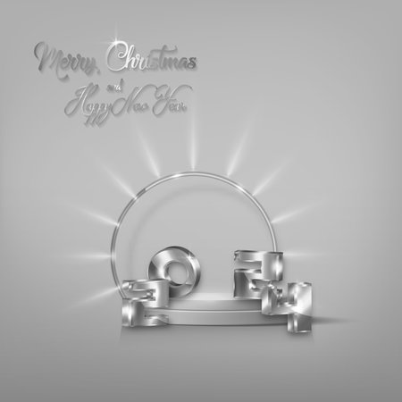 2024 silver 3D numbers Merry Christmas and Happy New Year Vintage banner with circle frame in 3d platform studio display, pedestal floor. White gold stage showcase podium, vector luxury backgroundのイラスト素材