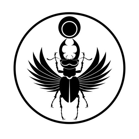 Egyptian sacred scarab stag beetle horns with wings. Black logo silhouette vector insect isolated on a white background. Symbol of the ancient Egyptians of the god of the sun in circle shapeのイラスト素材