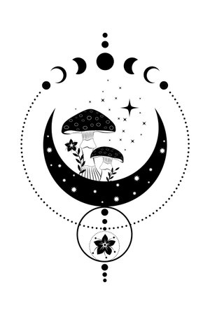 Celestial Mystical boho mushrooms, magic Amanita Muscaria with moon and stars, witchcraft symbol, witchy esoteric tattoo, Moon Phase, floral elements fungi, fungus. Esoteric wiccan clipartのイラスト素材