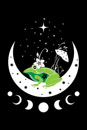 Spiritual sacred frog over magic mushroom in witchcraft crescent moon. Mystical celestial toad with moon phases and stars. Witchy esoteric fungus logo tattoo. wiccan clipart isolated on blackのイラスト素材