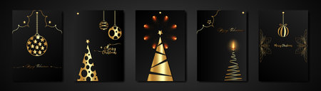 Merry Christmas gold collection, black set template, holiday tree and xmas elements, stars and baubles. Golden luxury frames ideal for greeting cards, posters or web design, vertical black backgroundのイラスト素材