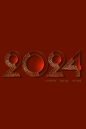 Happy New year 2024 gold foil modern numbers. Decorative greeting card in polka dots style. Luxury Creative Christmas banner, vector illustration isolated on red backgroundのイラスト素材