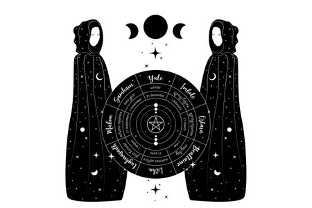 Mystical triple goddess, priestesses in wheel of the Year is an annual cycle of seasonal festivals. Wiccan calendar and holidays. Gothic Witch wiccan female sacred design. Vector isolated on whiteのイラスト素材