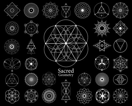 Sacred geometry vector design elements. Alchemy, religion, philosophy, spirituality, yantra hipster symbols and elements. Set collection, white tattoo signs isolated on black backgroundのイラスト素材