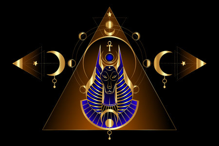 Mystical Ancient Egyptian god Anubis on Pyramid. Gold Sacred Geometry and Celestial Moon Phases. Deity with canine head. God of death. Golden luxury vector illustration isolated on black backgroundのイラスト素材