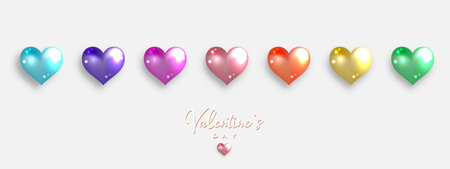 3D colorful glass hearts set collection for Valentines day and Mothers Day. Fashion Holiday glossy gemstones isolated, jewels. Concept for Valentines banner, flyer, party invitation, jewelry gift shopのイラスト素材