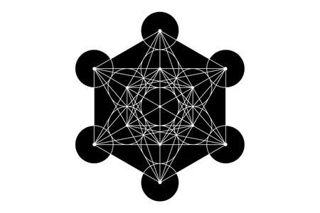 Mystical mandala of Metatrons Cube, Sacred geometry, vector graphic element isolated. Mystic platonic solids, abstract geometric drawing, typical crop circles from intelligent extraterrestrial lifeのイラスト素材