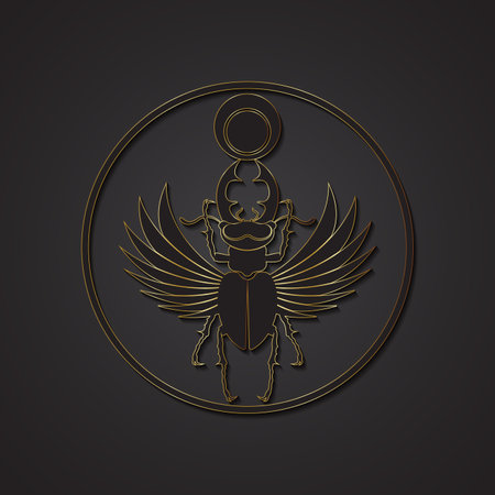 Egyptian sacred scarab stag beetle horns with wings. Black logo, gold silhouette. Vector insect isolated on a black background. Symbol of the ancient Egyptians of the god of the sun in circle shapeのイラスト素材