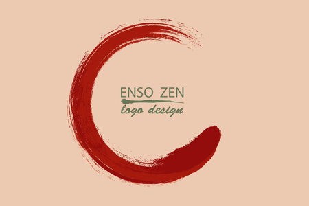 Enso Zen Circle hand-drawn with red ink in traditional Japanese style sumi-e, Vector logo design in Paint Brush art style, isolated on old vintage backgroundのイラスト素材