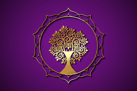 Gold Tree of Life on Sacred lotus frame border logo template. Buddhism esoteric motifs, spiritual yoga. Golden Mandala Vector isolated on purple backgroundのイラスト素材