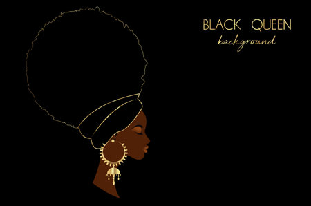Black queen template, portrait African woman in Afro Curly hair, luxury golden earrings and turban. Beauty fashion design. Vector illustration isolated on black background.のイラスト素材