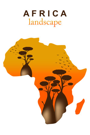 Africa map silhouette on boab trees and abstract sunset landscape. Baobabs on African wild nature.のイラスト素材