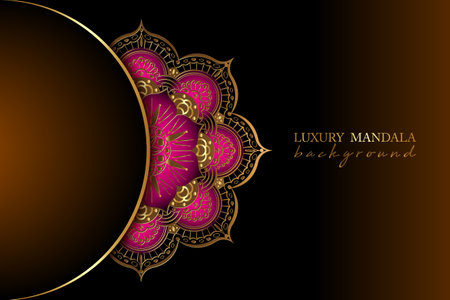 luxury ornamental mandala design background in gold color. Indian Round gold floral decoration on pink color, Islamic flower design with copy space, vector illustration on dark brown banner templateのイラスト素材