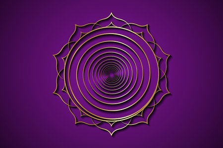 Gold Spiral on Sacred lotus frame, luxury logo template. Buddhism esoteric motifs, spiritual yoga. Golden lucky Mandala, vector illustration isolated on purple backgroundのイラスト素材