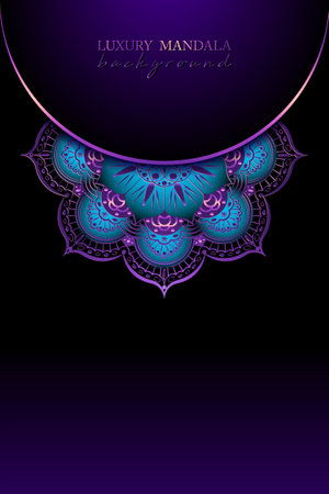 luxury ornamental mandala design background in gold color. Indian Round gold floral decoration on blue color, Islamic flower design with copy space, vector illustration on dark purple banner templateのイラスト素材
