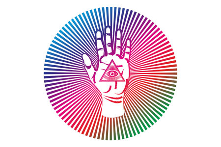 Colorful psychedelic open palm with all seeing eye sacred Masonic symbol, third eye of Providence, triangle pyramid. New World Order. alchemy icon, religion, spirituality, occultism. Magic Vectorのイラスト素材