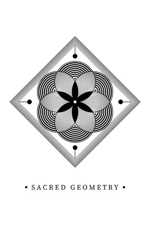 Seed Flower of life lotus icon mandala sacred geometry, tattoo symbol of harmony and balance. Mystical talisman, interlocking of black circles lines vector isolated on white backgroundのイラスト素材