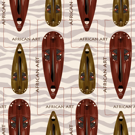 Seamless African background, ethnic tribal mask pattern, Primitive ritual masks of savages. Texture of vintage Afro Art design. Aztec Indian Maya Mexican traditional native culture in brown colorのイラスト素材