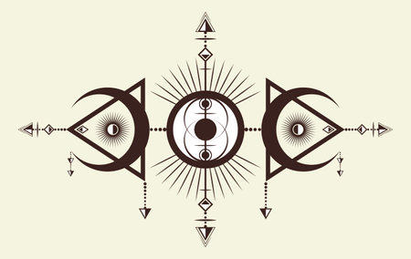 Triple Goddess mysterious magical crescent moon sacred geometry. Vesica piscis logo tattoo, duality, trinity mythological symbol in boho style. Wiccan witches protective sign, the mystic third eyeのイラスト素材