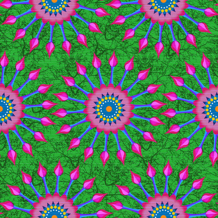Seamless African Wax Print fabric, Ethnic handmade daisybushes for your design, Afro Ethnic daisies flowers and tribal motifs. Vector texture, Africa Ankara textile fashion style colorful backgroundのイラスト素材