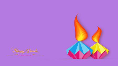 Happy Diwali Festival of Lights India Celebration template. Graphic banner design of Indian Diya Oil Lamps design. Paper cut style vector festive isolated on light purple background with copy spaceのイラスト素材