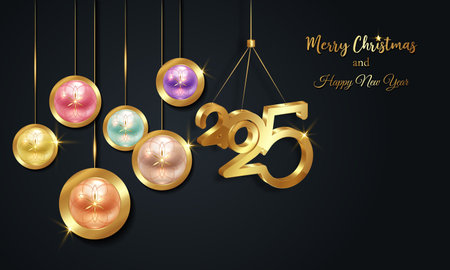 Christmas luxury holiday banner with gold handwritten Merry Christmas and 2025 Happy New Year greetings and gold colored Christmas balls. Vector illustration isolated on black backgroundのイラスト素材