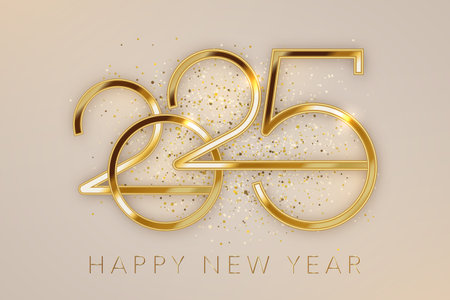 2025 New Year gold logo design. Holiday greeting card. Vector illustration. Holiday design for greeting card, invitation, calendar, party, golden holiday label isolated on glittering beige backgroundのイラスト素材
