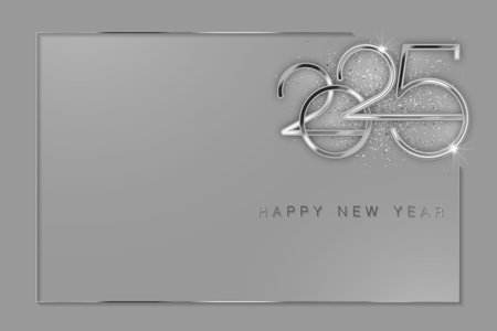 2025 New Year silver logo design. Holiday greeting card. Copy space. Vector design for greeting card, invitation, calendar, party, white gold festive banner isolated on light gray backgroundのイラスト素材