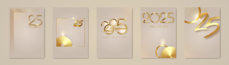 set card 2025 Happy New Year gold texture, golden luxury beige elegant modern background, elements for calendar, greetings card or Christmas themed winter holiday invitations, geometric decorationsのイラスト素材