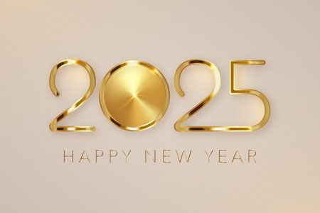 2025 New Year gold logo design. Holiday greeting card. Vector illustration. Holiday design for greeting card, invitation, calendar, party, golden holiday label isolated on antique white backgroundのイラスト素材