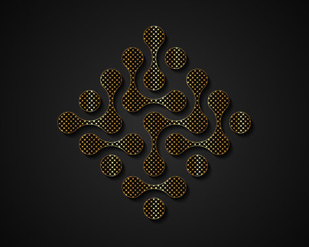 Technology connection logo design, fluid transition sign, integration abstract symbol. Vector circles point movement, in gold color isolated on black backgroundのイラスト素材