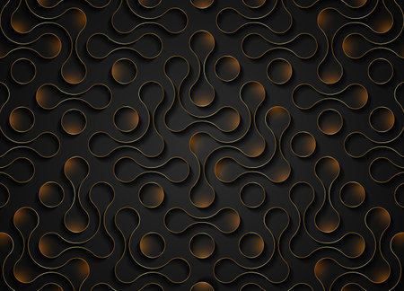Technology connection pattern design, fluid transition texture, integration abstract symbol. Vector circles point movement, waves light effect banner in gold color isolated on black backgroundのイラスト素材