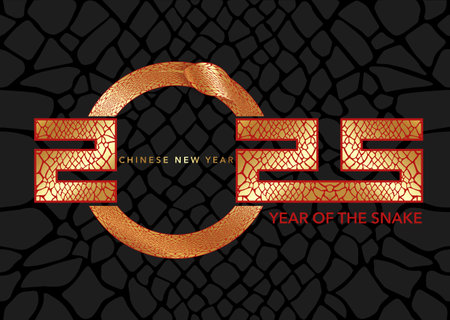 2025 Chinese New Year in black background. Year of the Snake. Vector modern art gold design for cover, card, poster, banner, logo zodiac sign. Scales textureのイラスト素材