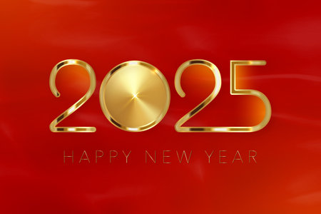 2025 New Year gold logo design. Holiday greeting card. Vector illustration. Holiday design for greeting card, invitation, calendar, party, golden holiday label isolated on red liquid backgroundのイラスト素材