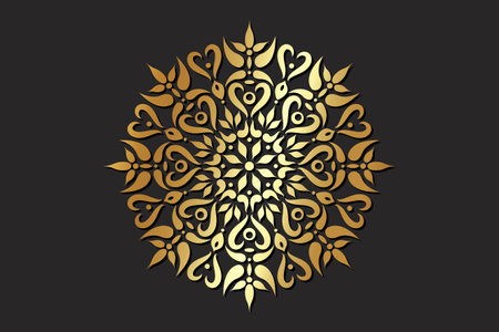 Gold Flower art mandala pattern design, floral decorative element. Wallpaper Paint Stencil Design Textures. Luxury circle ornament in ethnic oriental style, vector isolated on black backgroundのイラスト素材