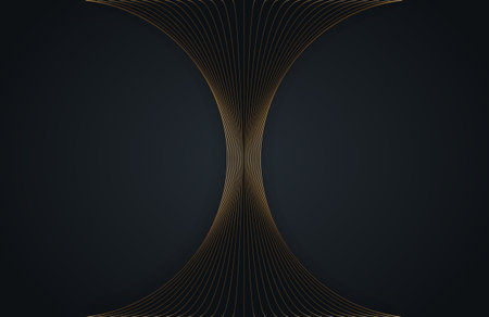 Abstract gold curved lines on black background with lighting effect and copy space for text. Luxury design style. Vector illustration templateのイラスト素材
