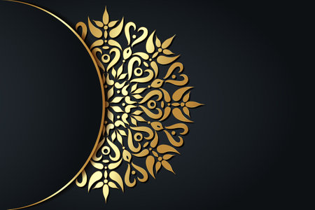 Luxury Banner Mandala with beautiful vintage Indian circular pattern. Round gold floral decoration, copy space for text vector illustration isolated on black backgroundのイラスト素材