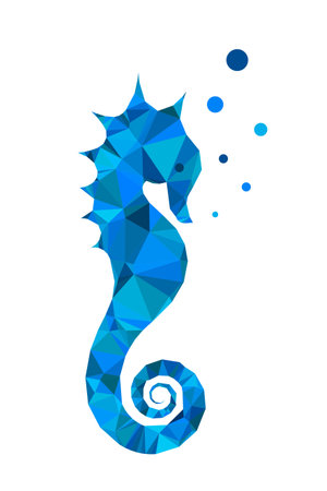 Seahorse Isolated Polygonal Low Poly Logo. Hippocampus Guttulatus Symbol creative vector illustration, blue triangle icon underwater inspiration, white backgroundのイラスト素材