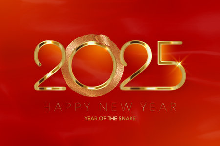 2025 Lunar New Year gold logo design. Holiday greeting card. Vector illustration. Numbers design for template, invitation, calendar, party, golden luxury label isolated on red liquid backgroundのイラスト素材