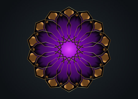 Gold Luxury Sacred Mandala template. Purple Flower design element isolated on black background. Circle pattern in golden color. Vector illustration for logo, monogram, web design, decoration, businessのイラスト素材