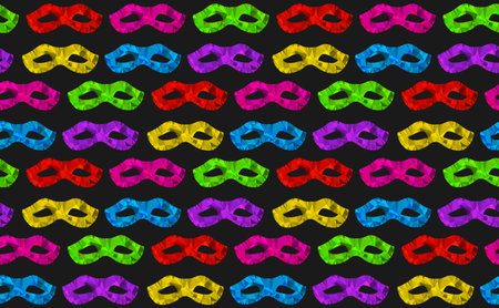 Seamless pattern with colorful carnival masks in polygonal triangles Low Poly style, modern paper crafts colored, vector illustration isolated on black backgroundのイラスト素材