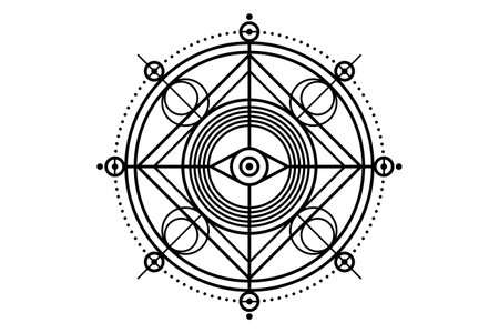All seeing eye on Sacred Geometry, mystical third eye geometric logo design. Occult Emblem of Providence, protection, luck, magic. God eye masonic sign isolated on white backgroundのイラスト素材