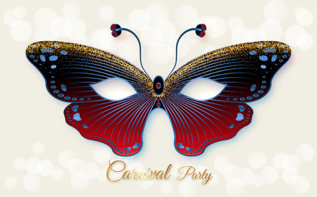 Luxury Venetian Butterfly mask with gold embroidery. Stylish Masquerade Party. Mardi Gras card invitation. Night Party Poster. Dance Flyer. Musical festival banner templates. Vector isolatedのイラスト素材